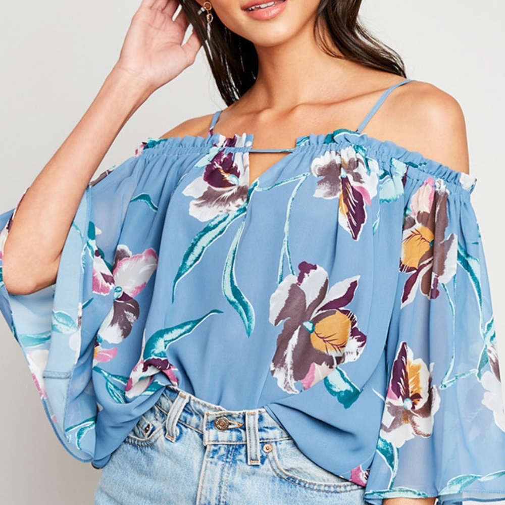 Blue Floral Off The Shoulder Top